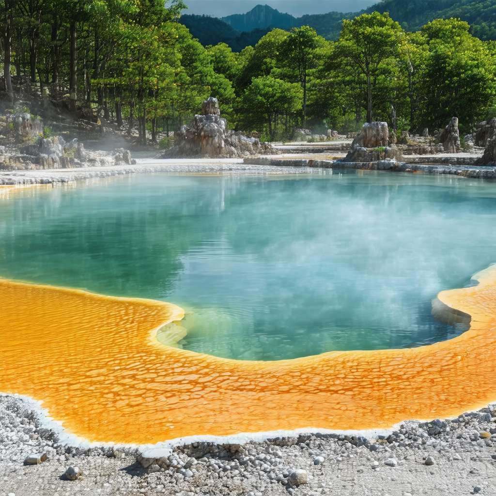 Large, natural hot spring located in a forest