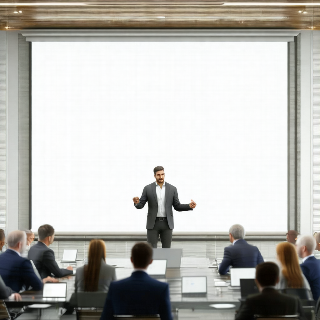 Man standing in front of a large screen, giving a present...