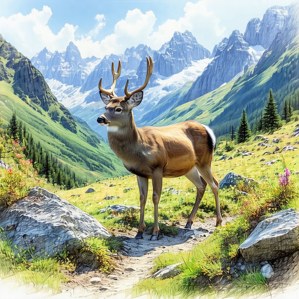 Majestic deer standing in a grassy field with a mountaino...