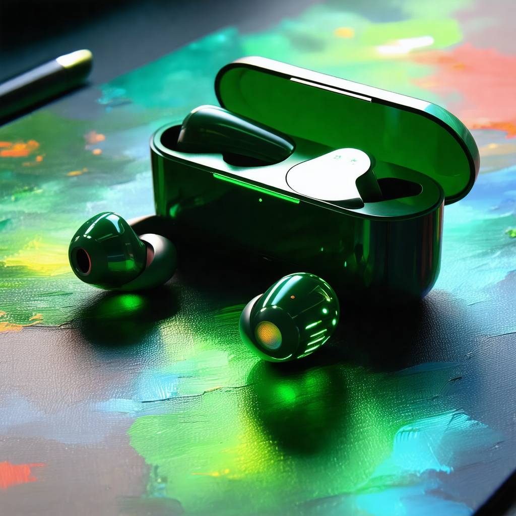 Pair of green earbuds sitting on a table