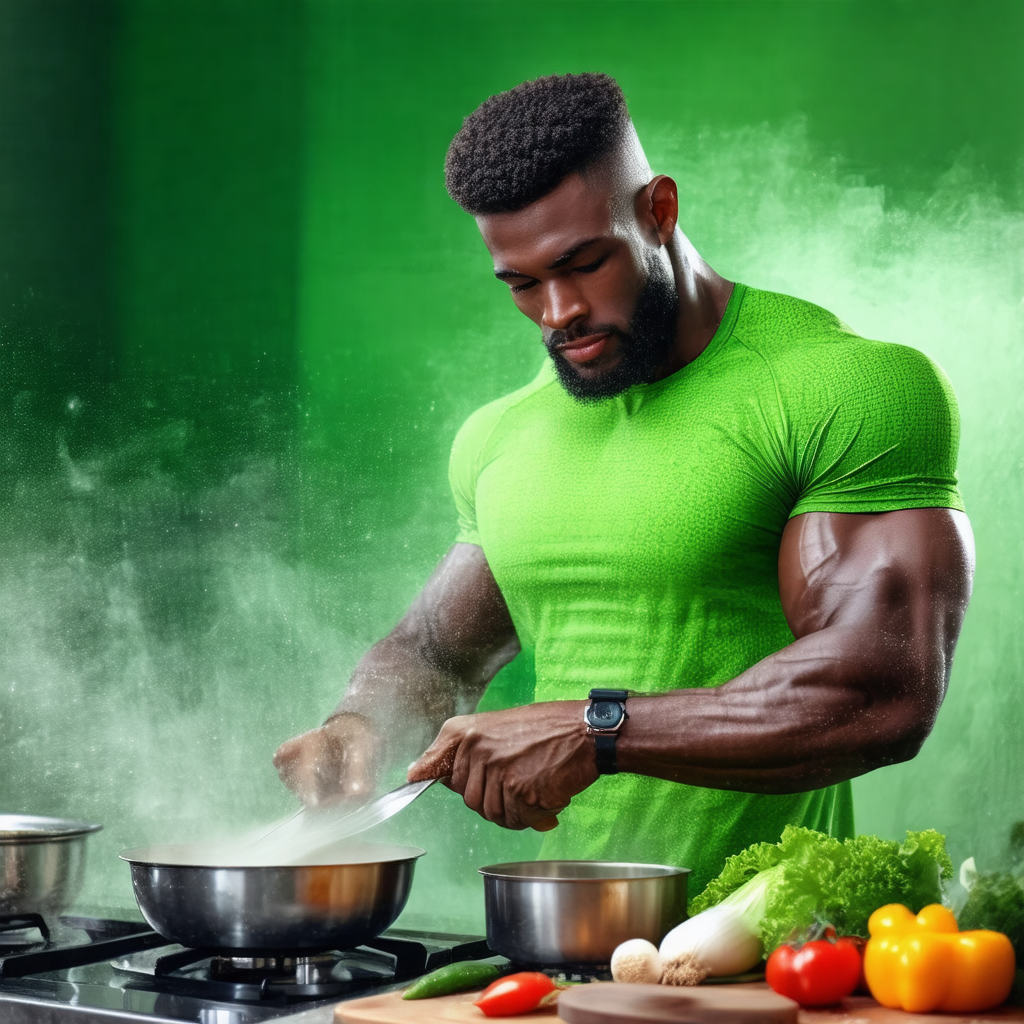 Man wearing a green shirt, standing in a kitchen and prep...
