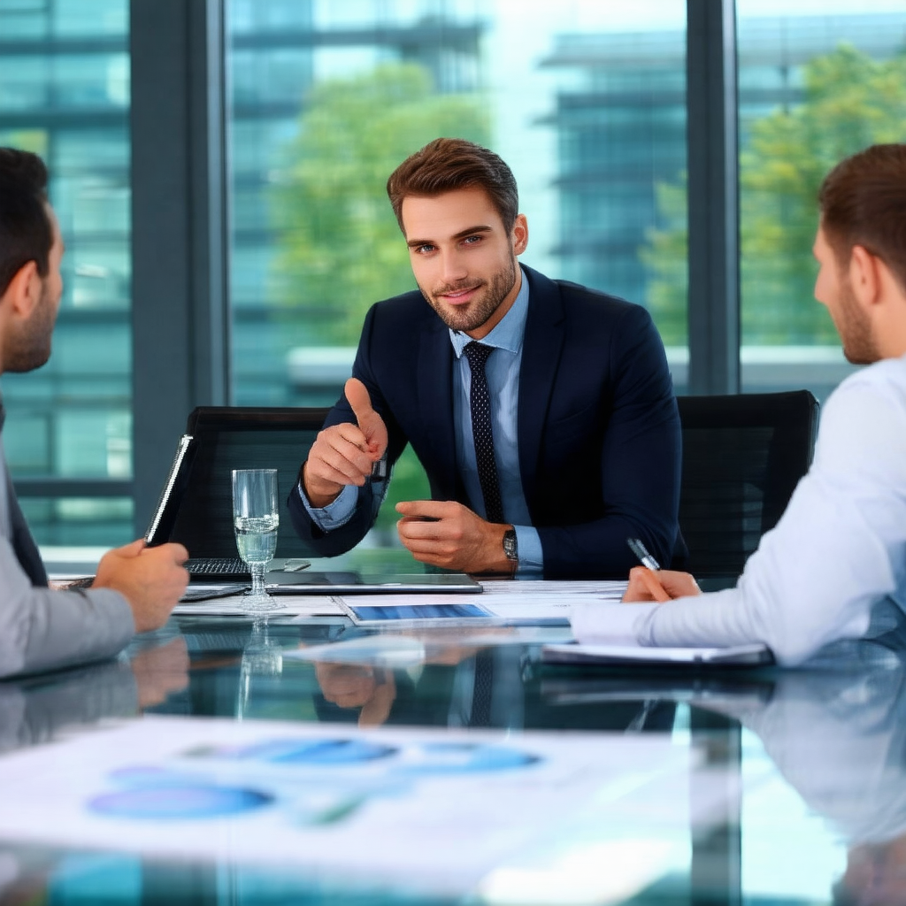Group of three men sitting around a glass table in a conf...