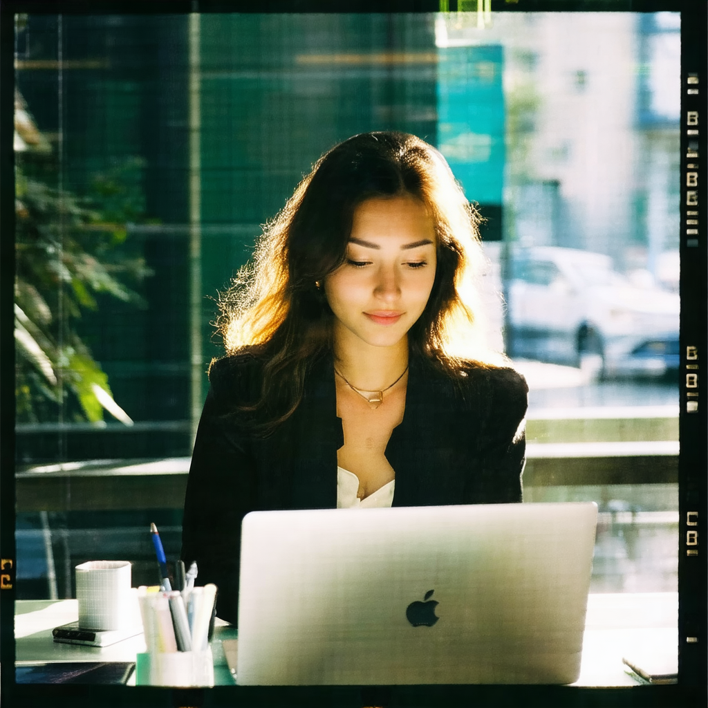 Woman sitting at a desk, working on her laptop