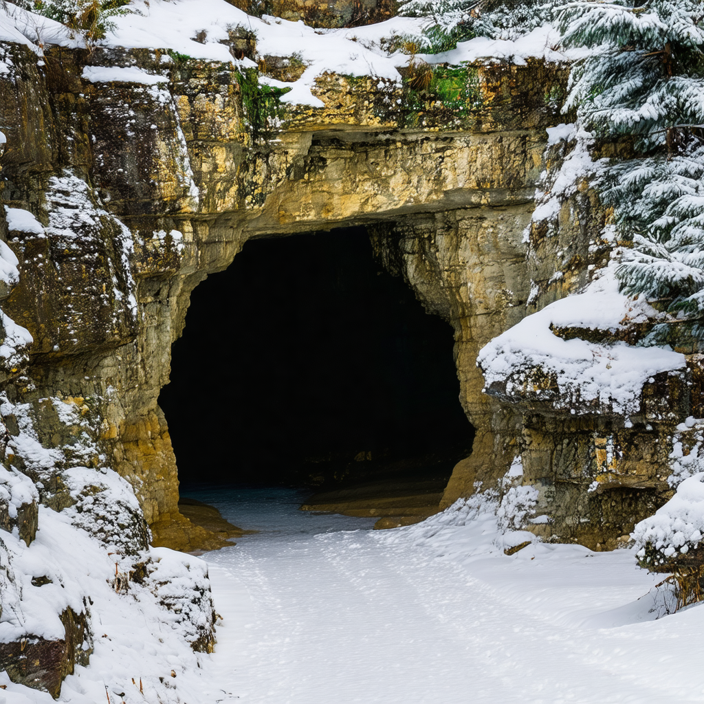 Cave entrance with a snow-covered path leading to it
