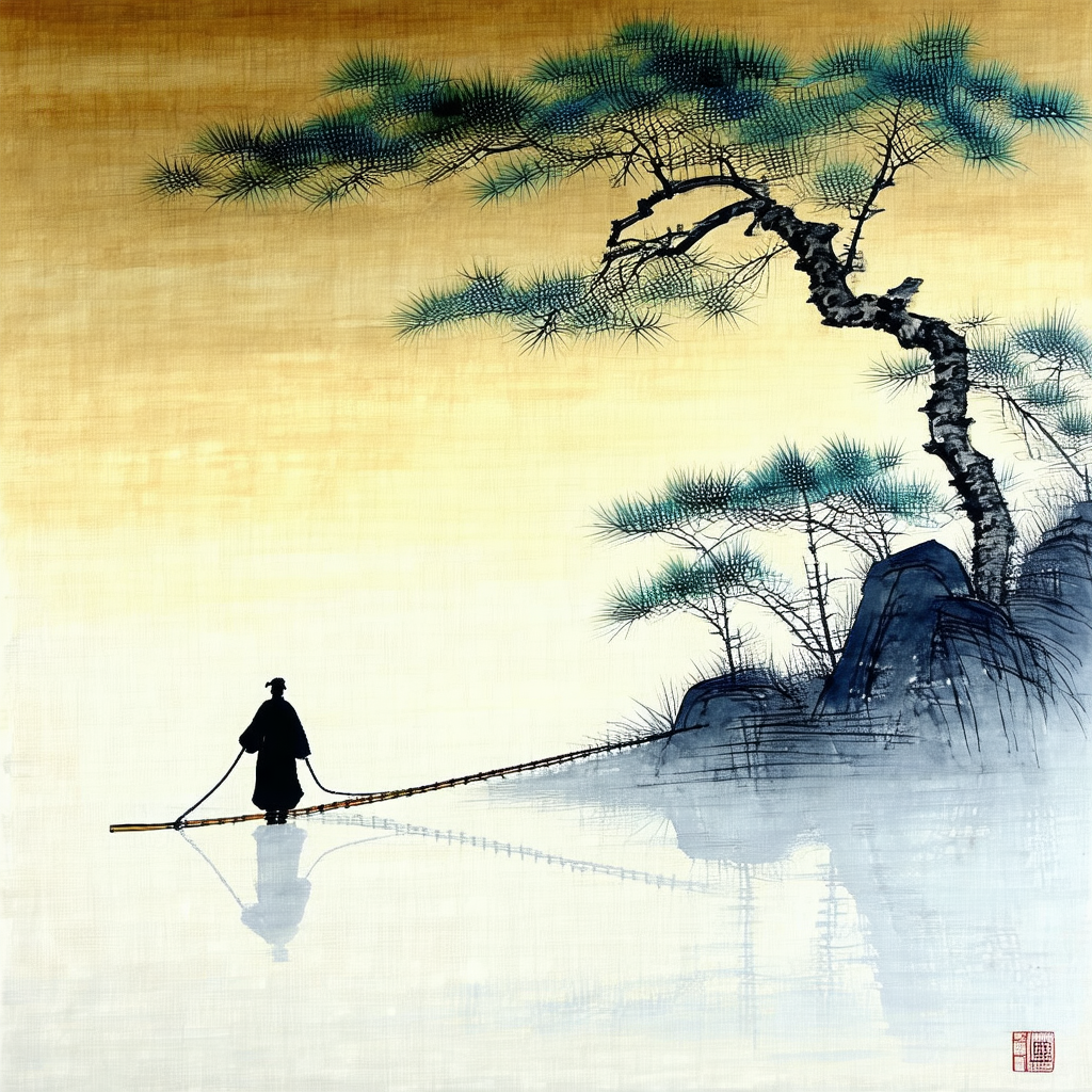 Man walking across a bridge, holding a rope