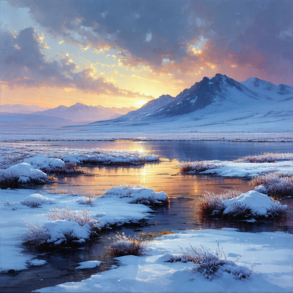 Beautiful snow-covered mountain range with a serene lake ...