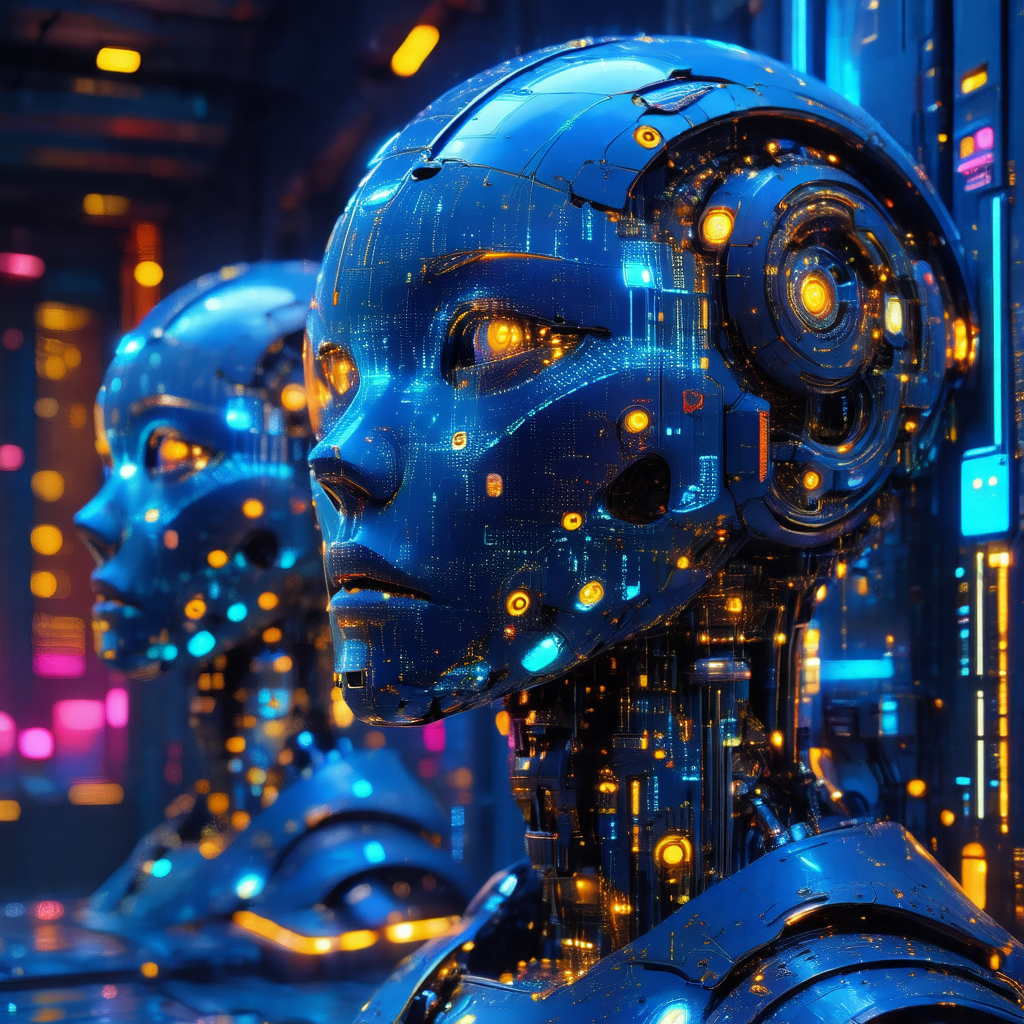 Futuristic scene with two blue robotic heads prominently ...
