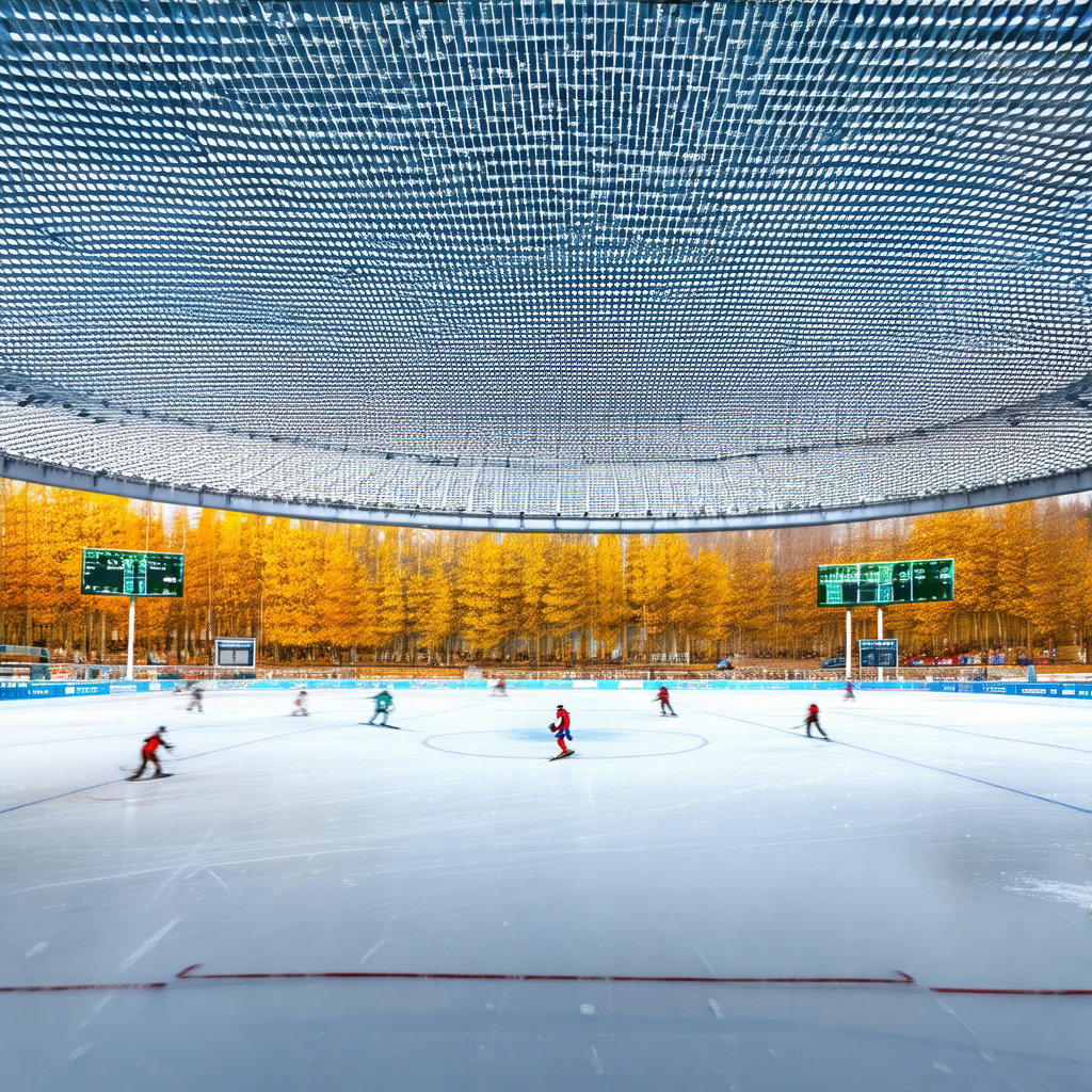 Captures a group of people playing ice hockey on a frozen...