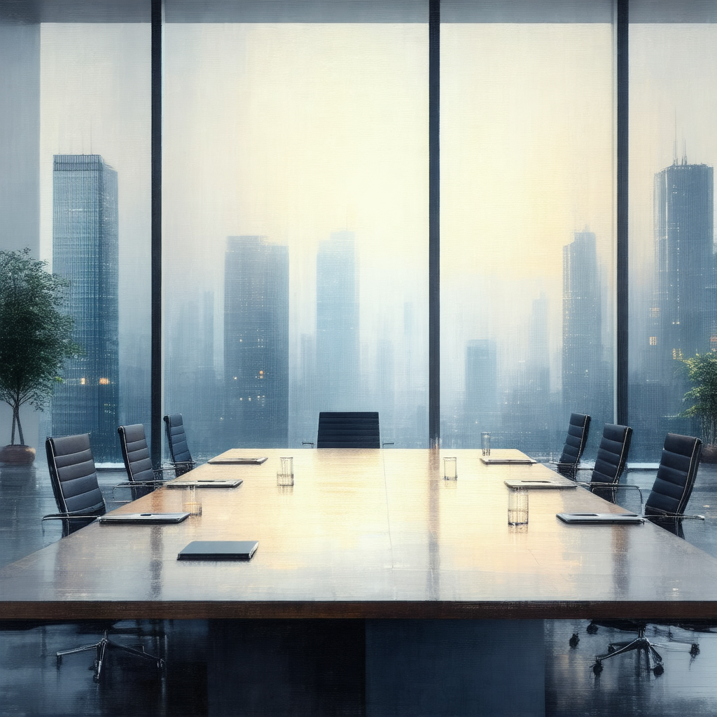 Large conference room with a long wooden table in the center