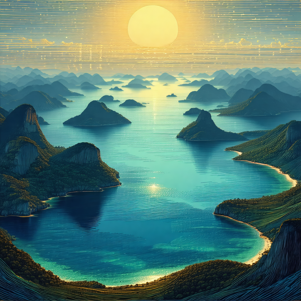 Painting of a beautiful island surrounded by a large body...