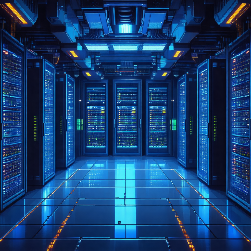Blue-toned, futuristic-looking room filled with rows of c...