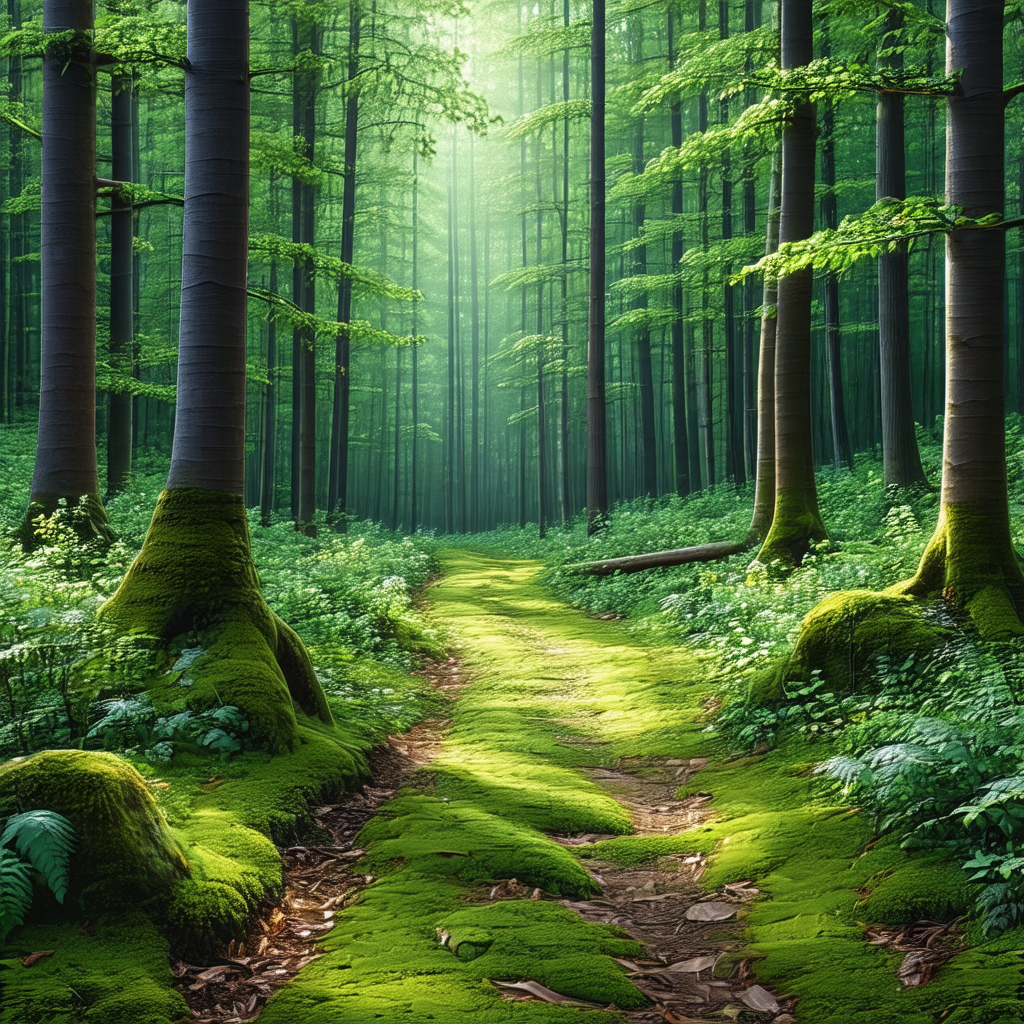 Lush green forest with a dirt path running through it