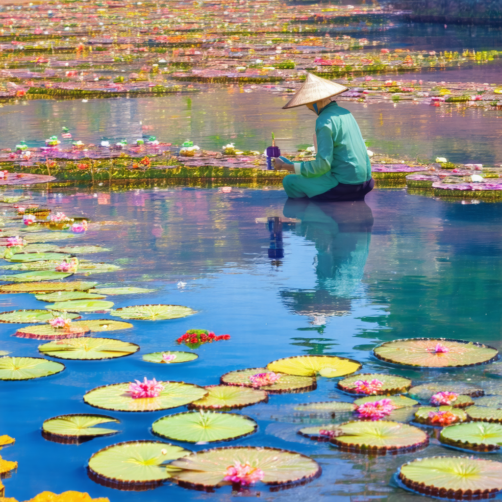 Serene scene of a person sitting on a lily pad in a body ...
