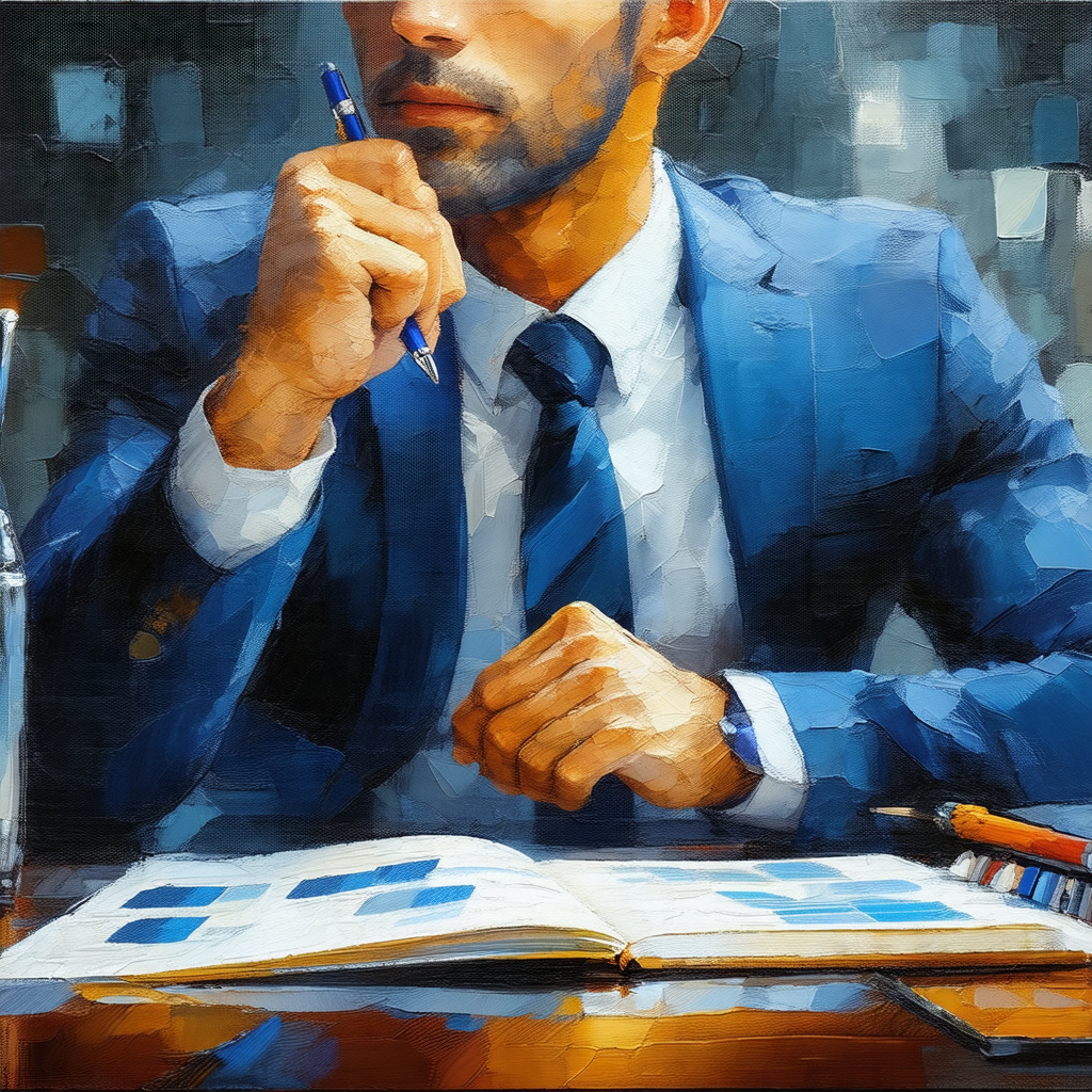 Man wearing a suit and tie, sitting at a desk and looking...