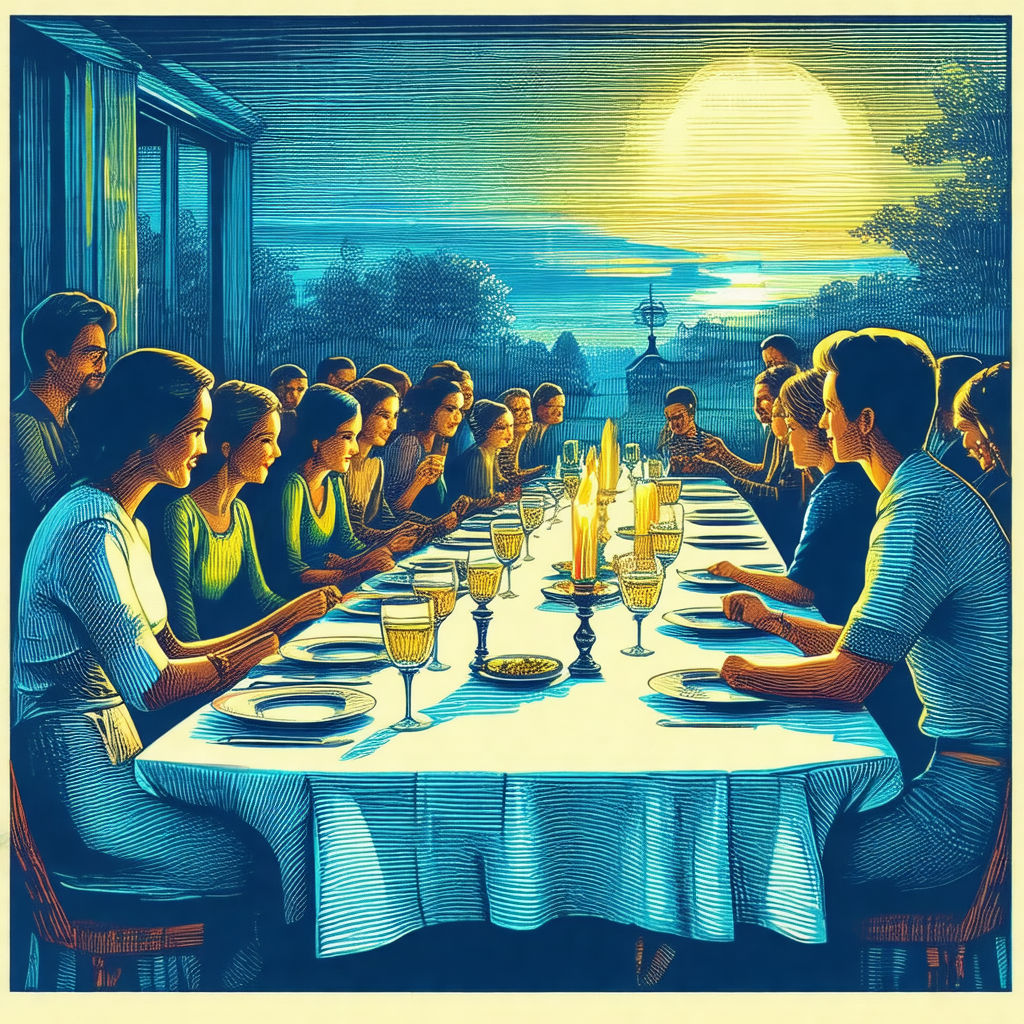Large group of people gathered around a long dining table...