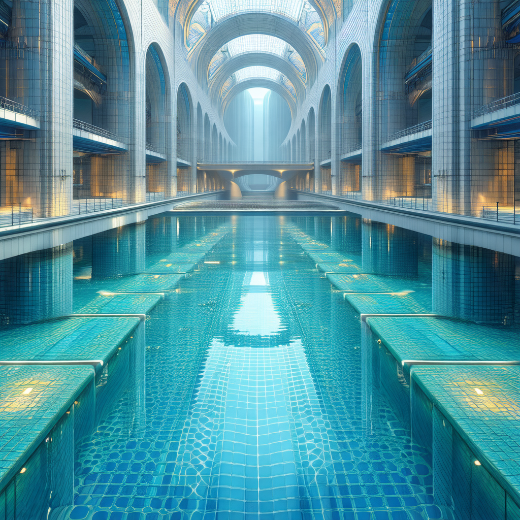Large, modern swimming pool with a blue tiled floor
