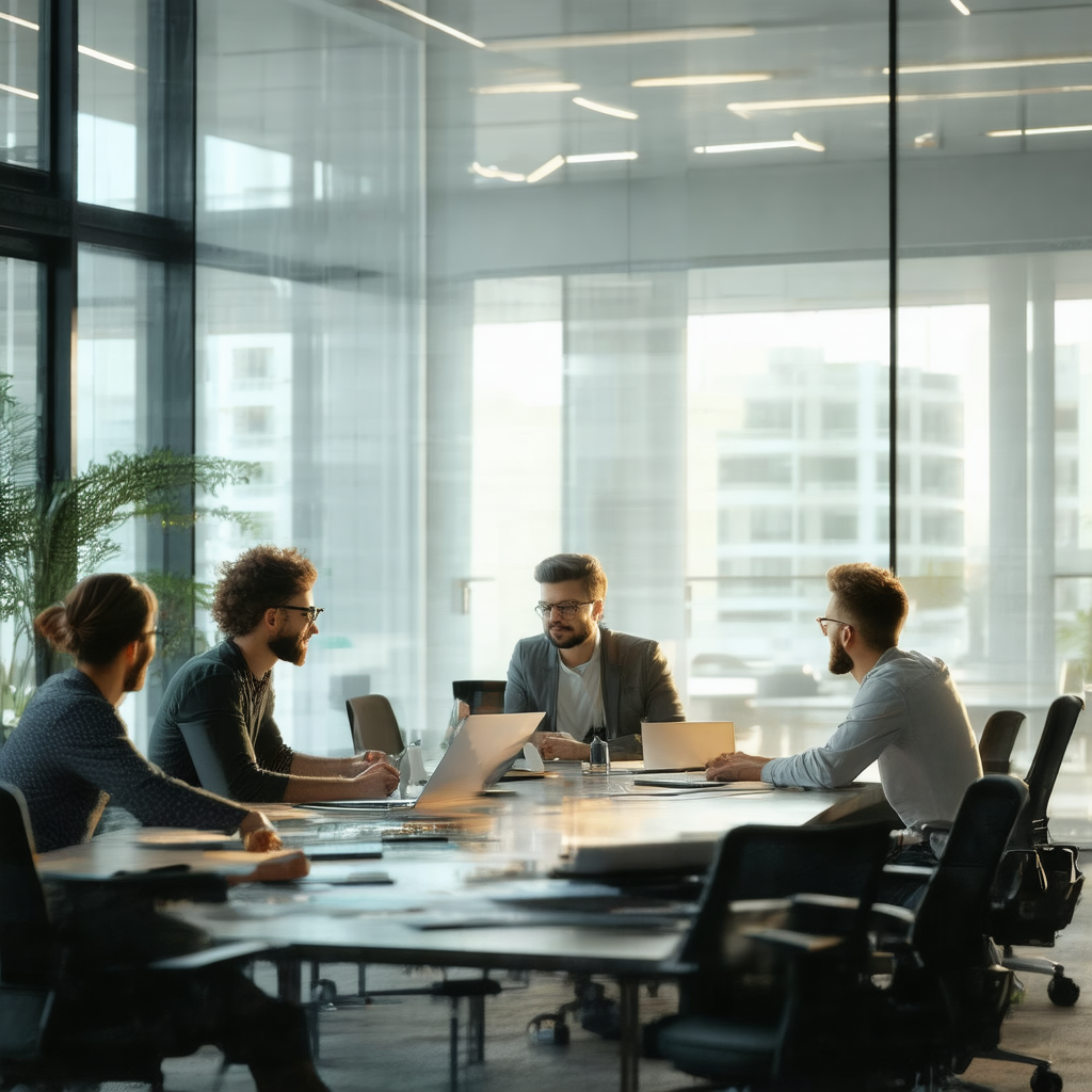 Group of people sitting around a conference table in a mo...