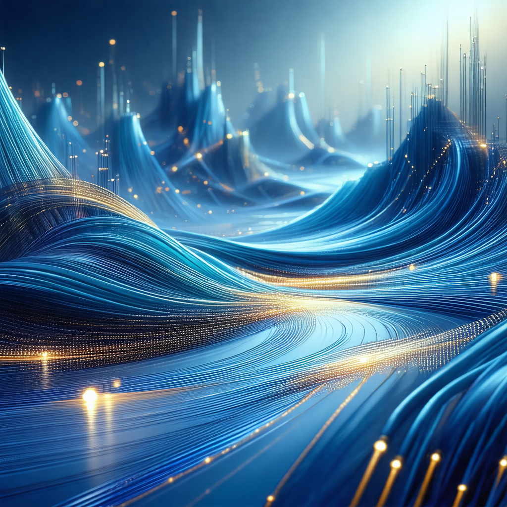 Futuristic, computer-generated scene featuring a blue, wa...