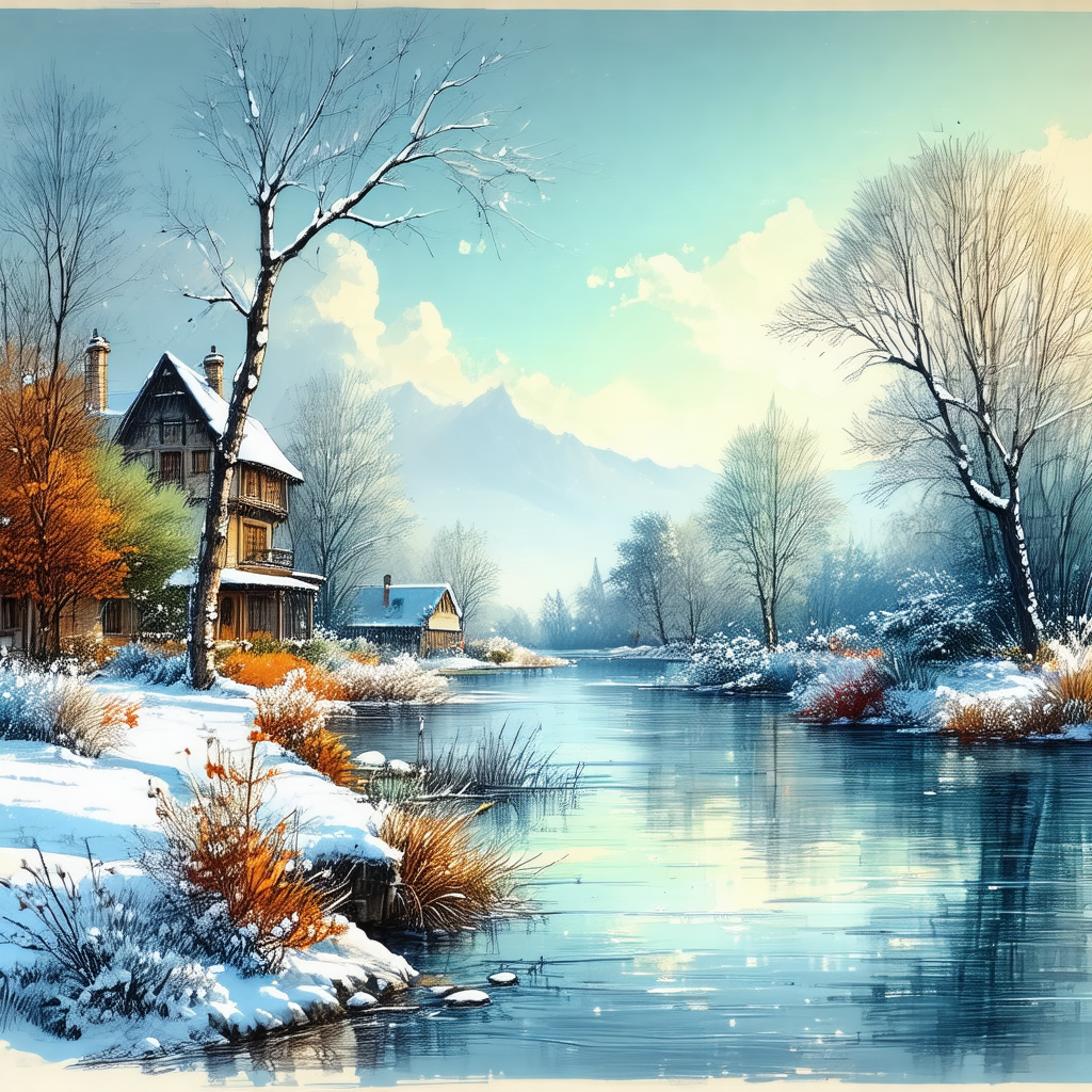 Snowy landscape with a small house situated near a river