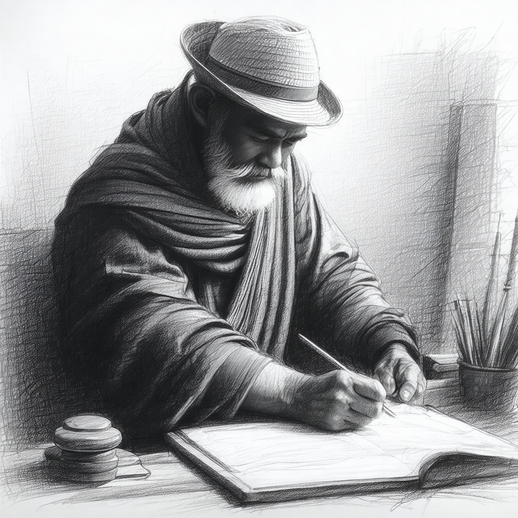 Black and white drawing of an older man wearing a hat, si...