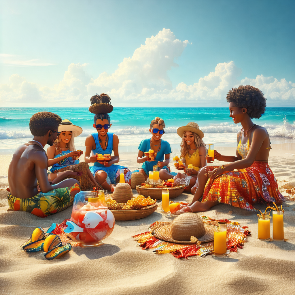 Group of people gathered on a sandy beach, enjoying a sun...