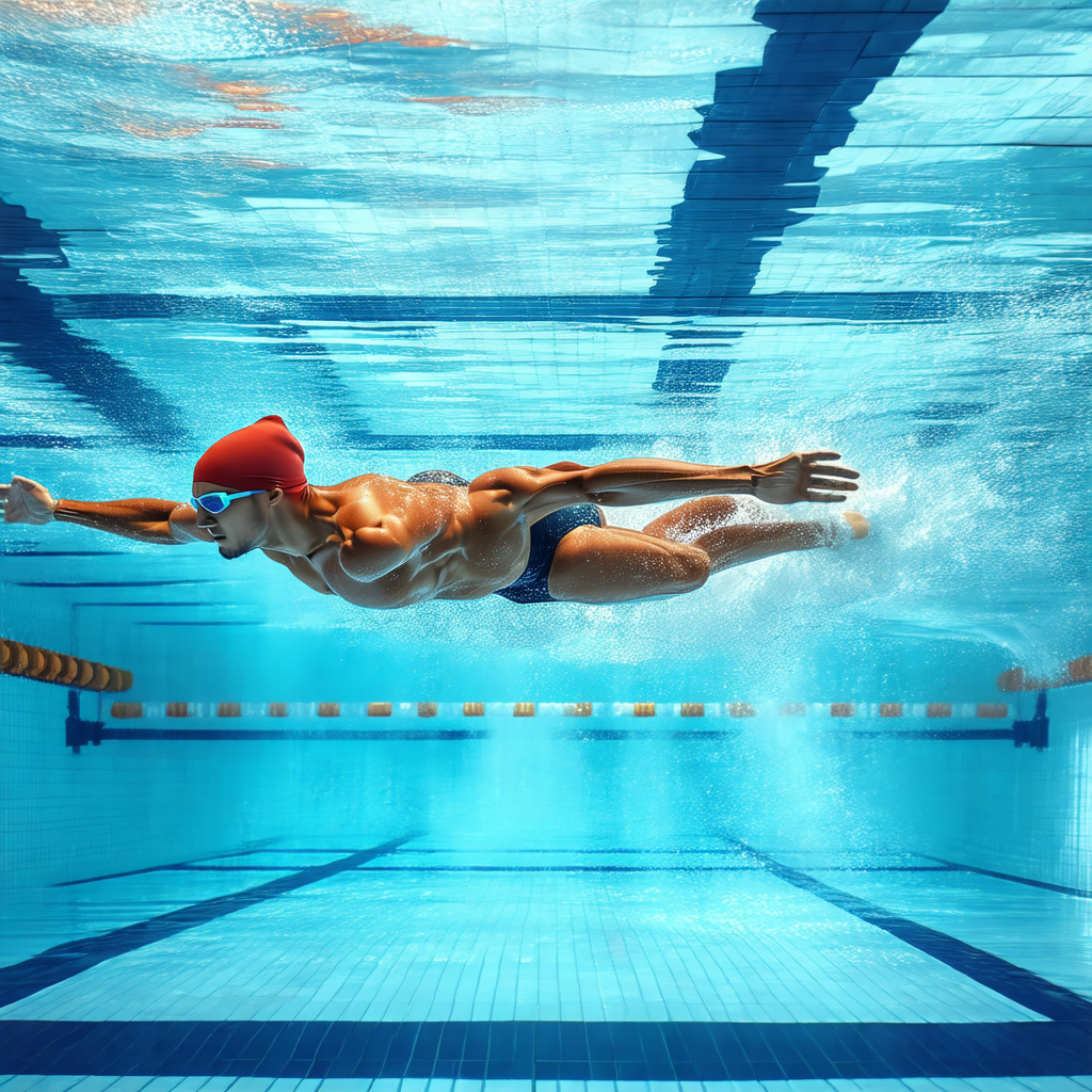Man swimming in a pool, wearing a red cap and goggles