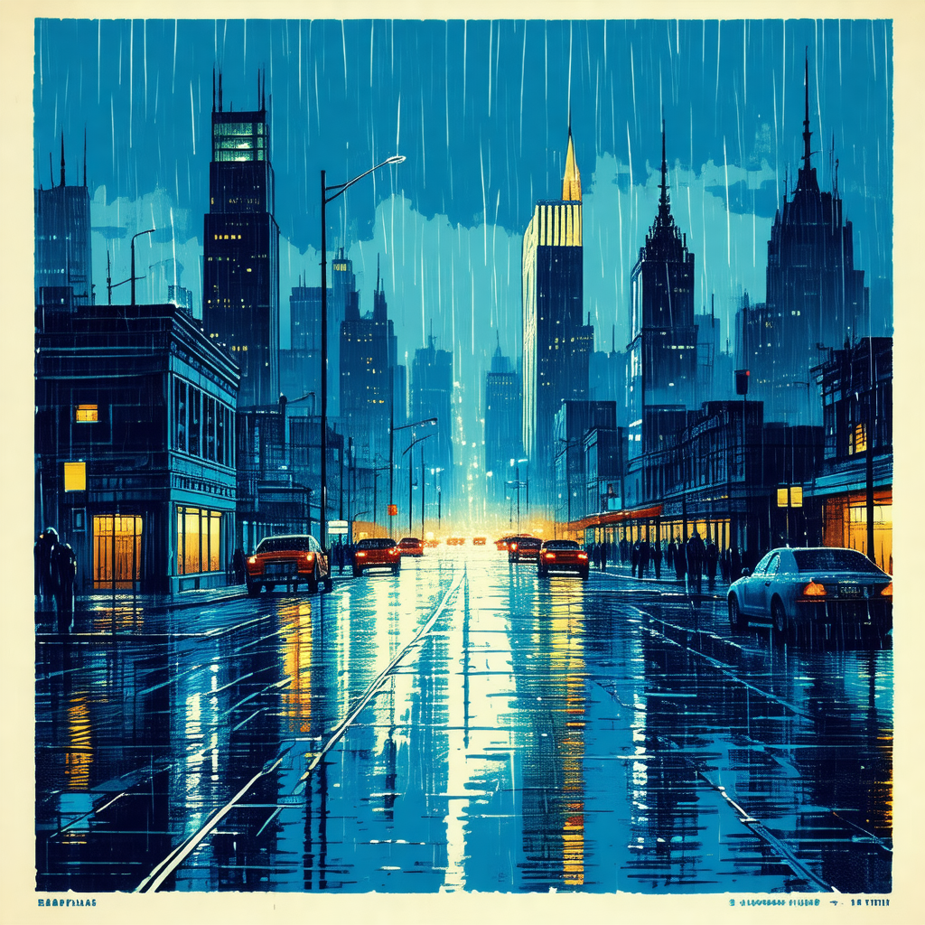 Black and white drawing of a city street at night