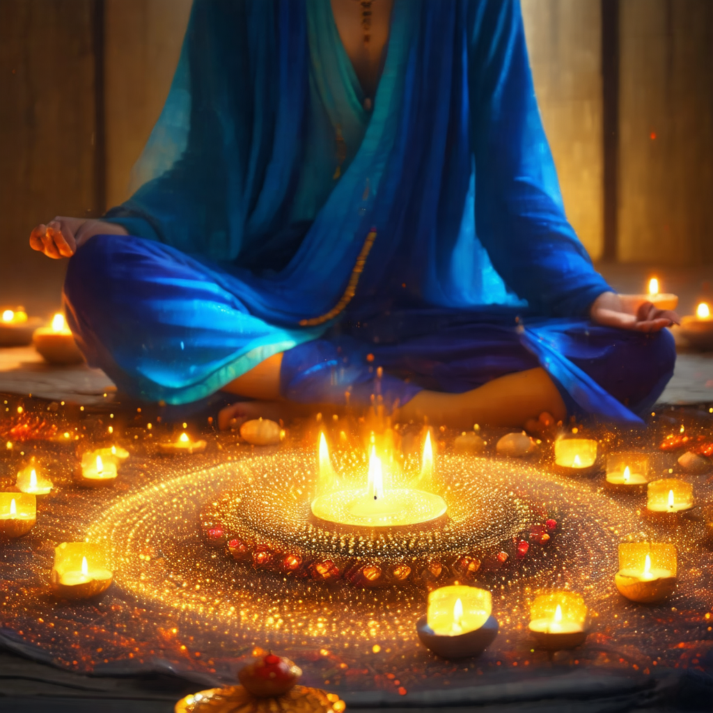 Woman sitting on the ground, surrounded by a circle of li...