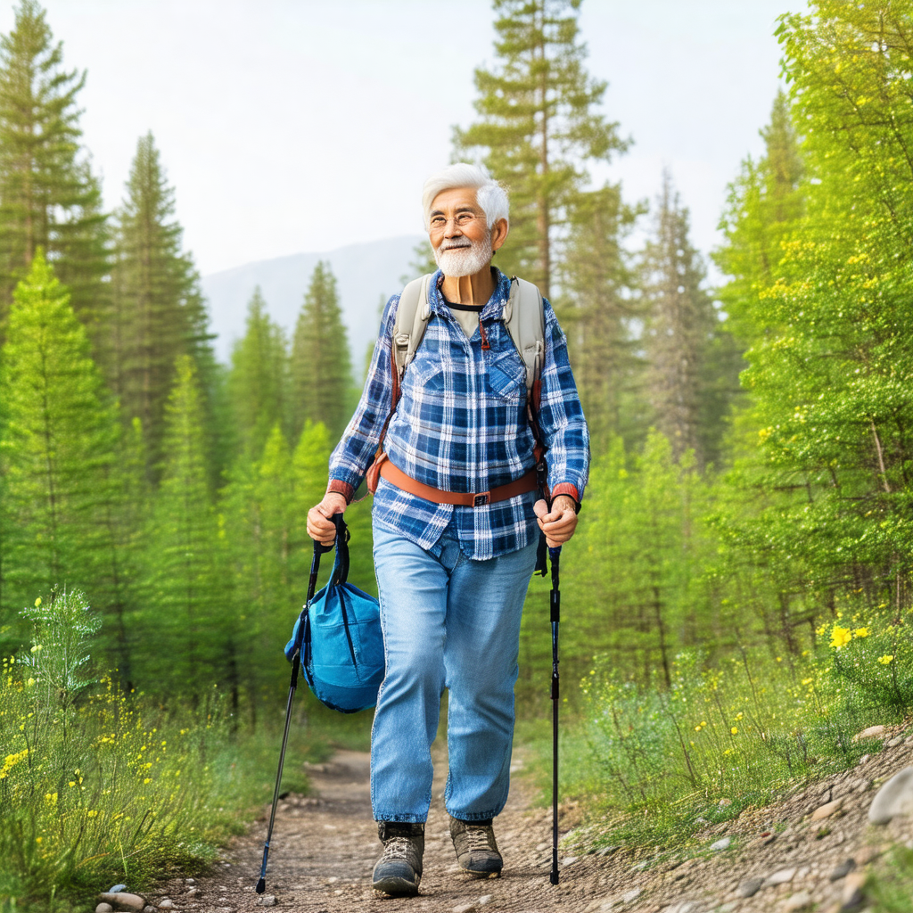 Older man walking down a trail in the woods