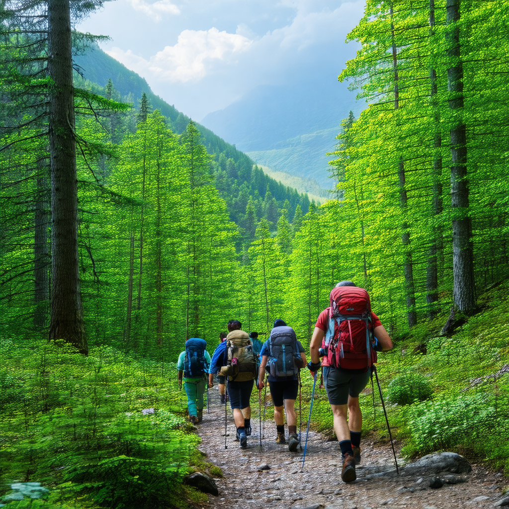 Group of six people walking together on a trail through a...