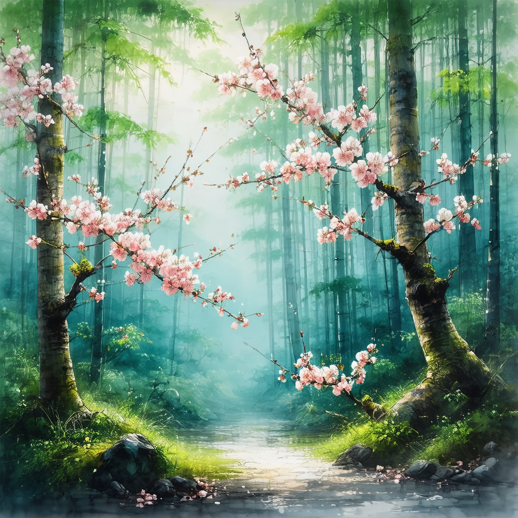 Serene forest scene with two trees adorned with pink flowers