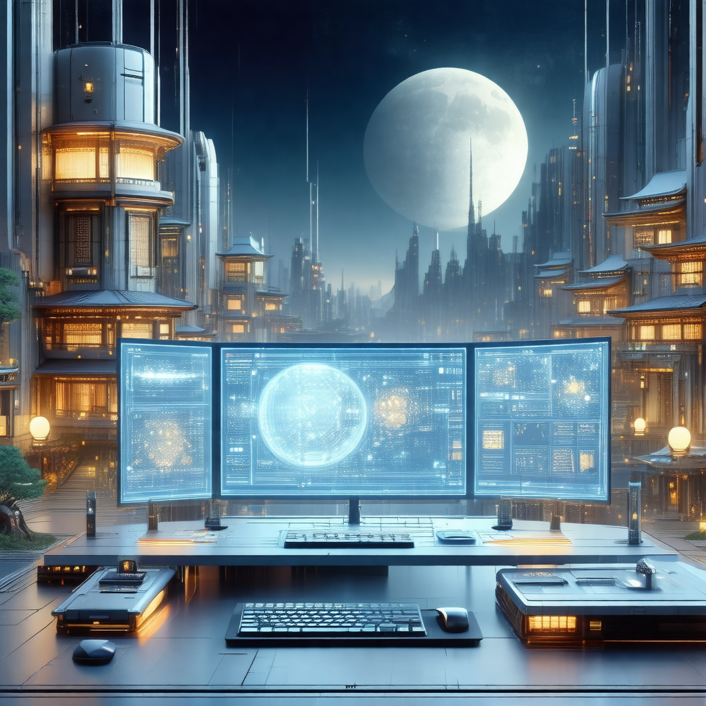 Futuristic cityscape with a large computer monitor sittin...