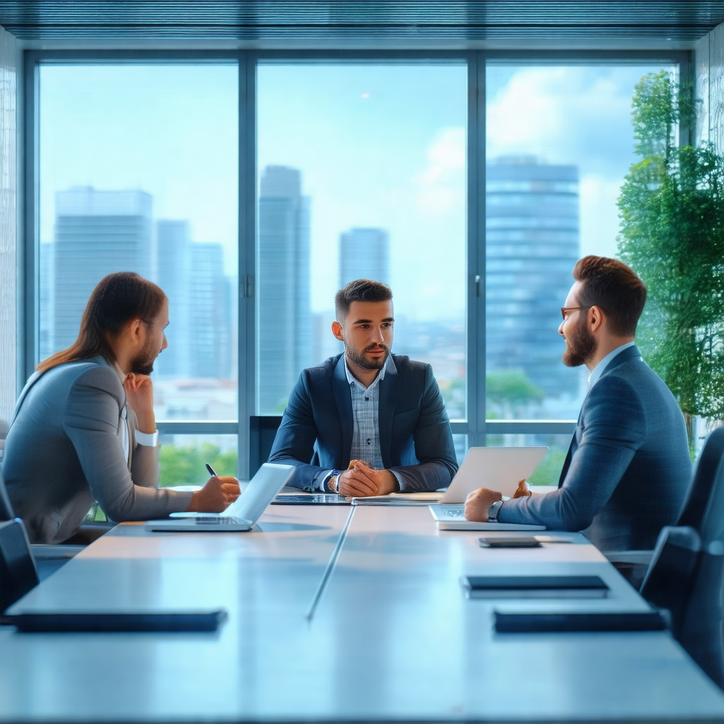 Group of three men sitting around a conference table, eng...