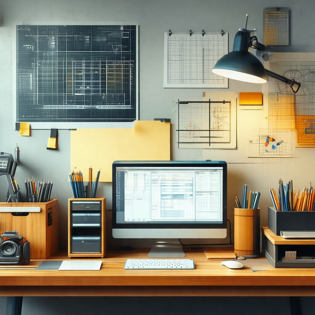 Wooden desk with a computer monitor and keyboard placed o...