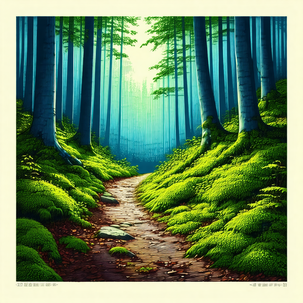 Lush green forest with a dirt path running through it