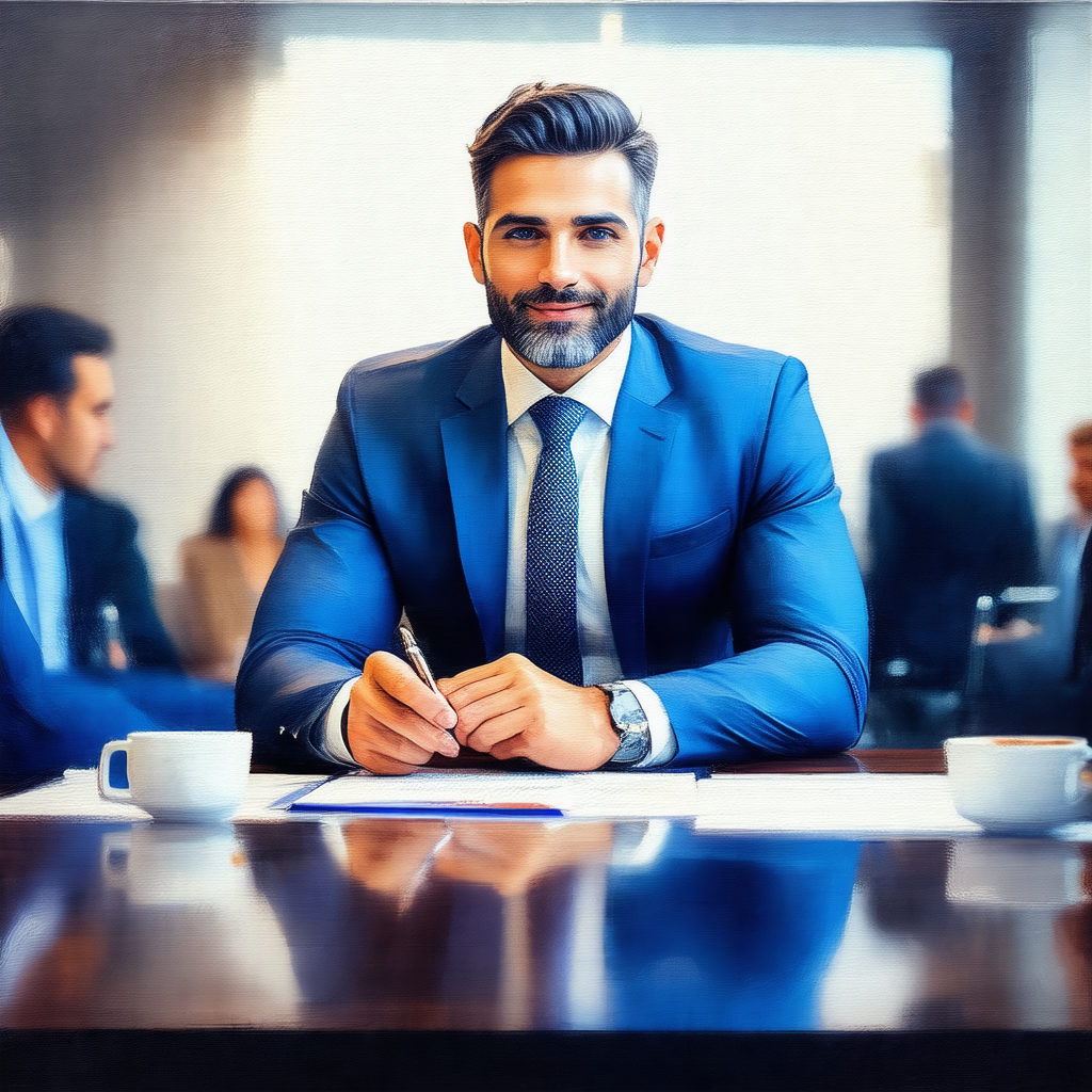 Man wearing a suit and tie, sitting at a table and writin...