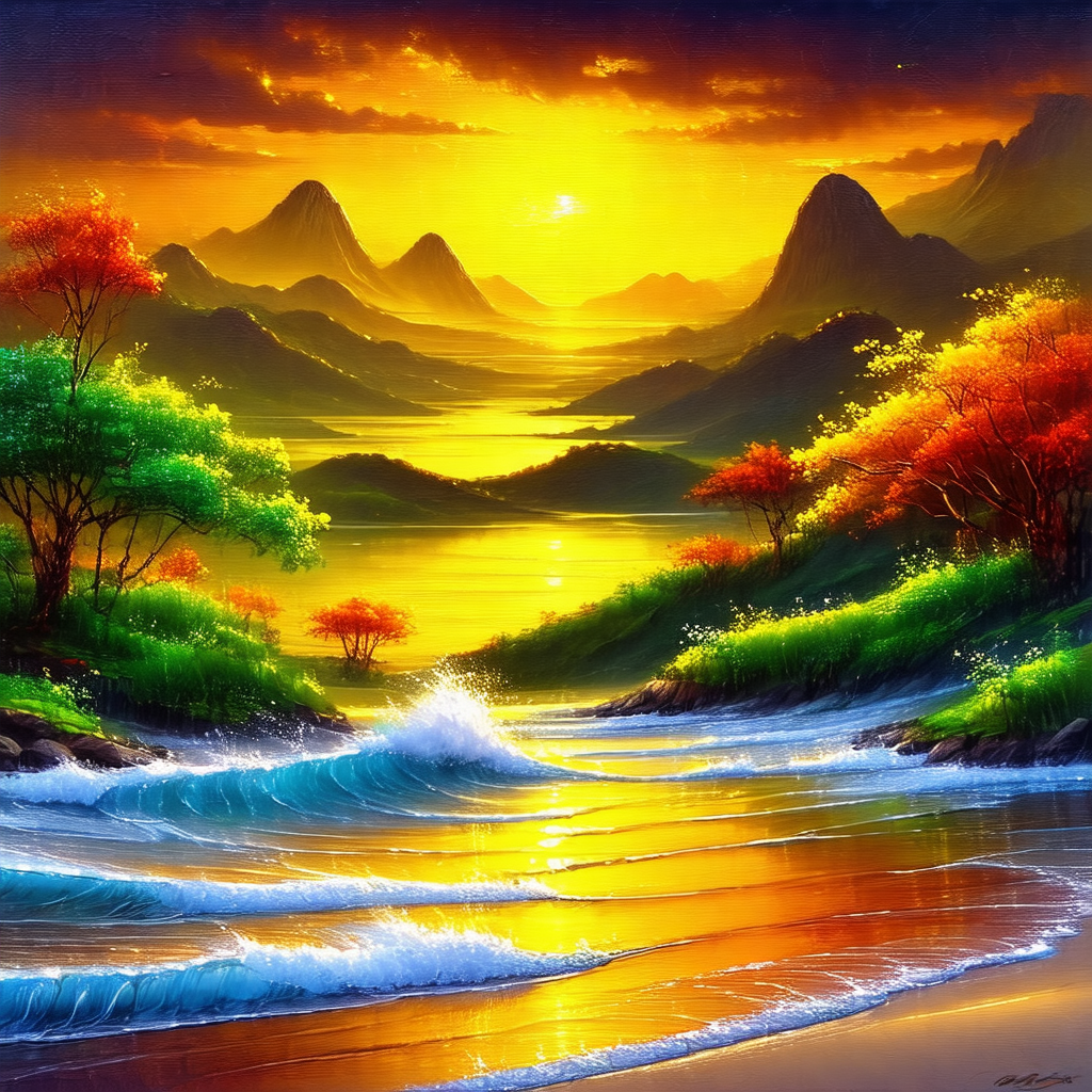 Beautiful scene of a sunset over a body of water, with mo...