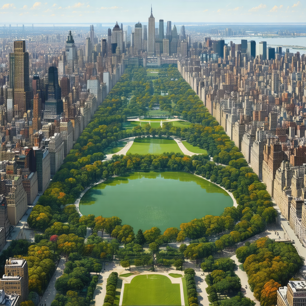 Bird's eye view of a large city, showcasing a beautiful p...