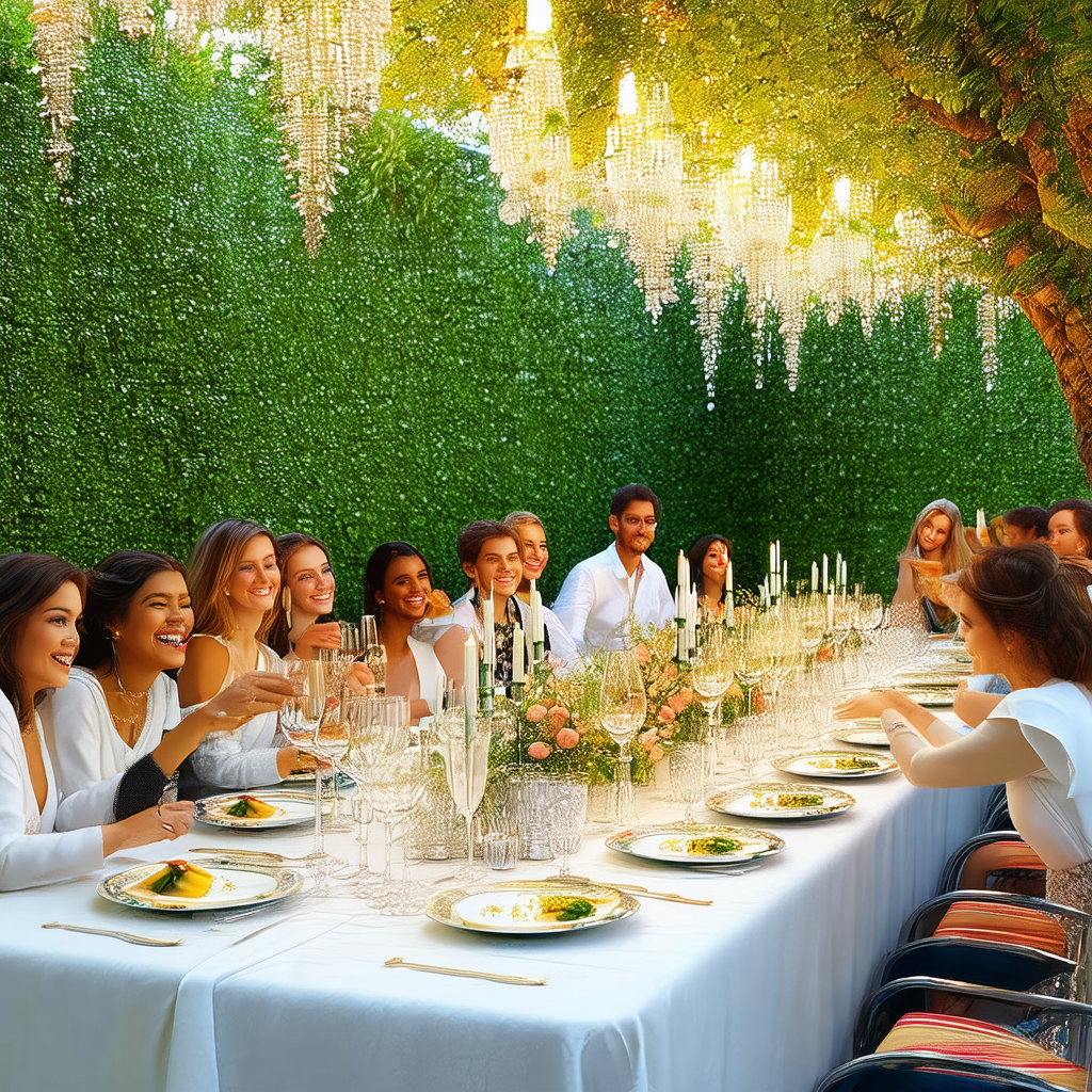 Large group of people gathered around a long dining table...