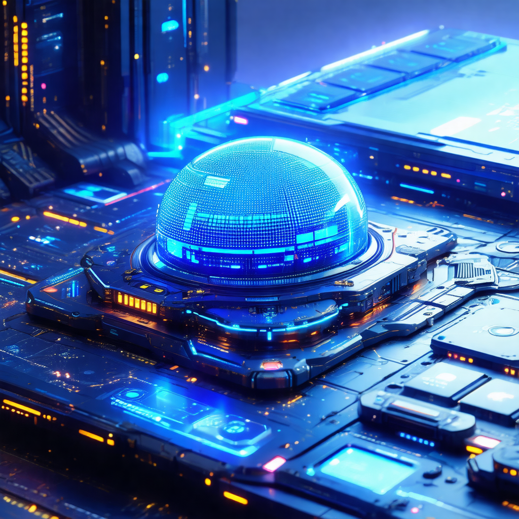Futuristic cityscape with a large, blue, glowing sphere a...