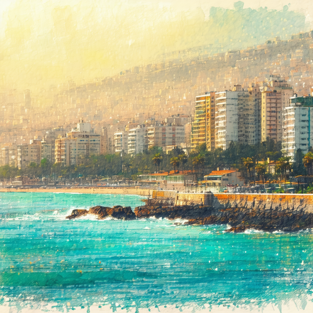Painting of a cityscape with a beach in the foreground
