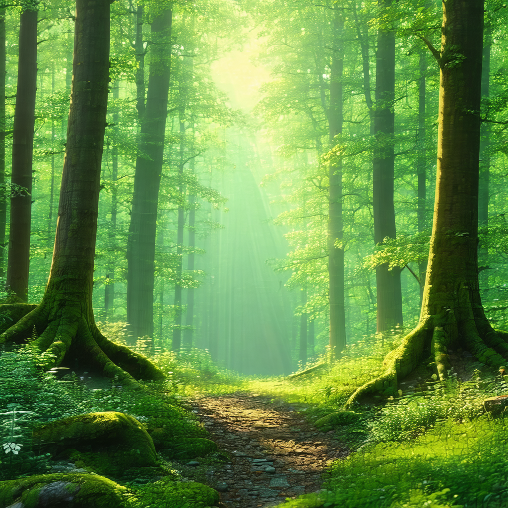 Serene forest scene with a pathway leading through the woods