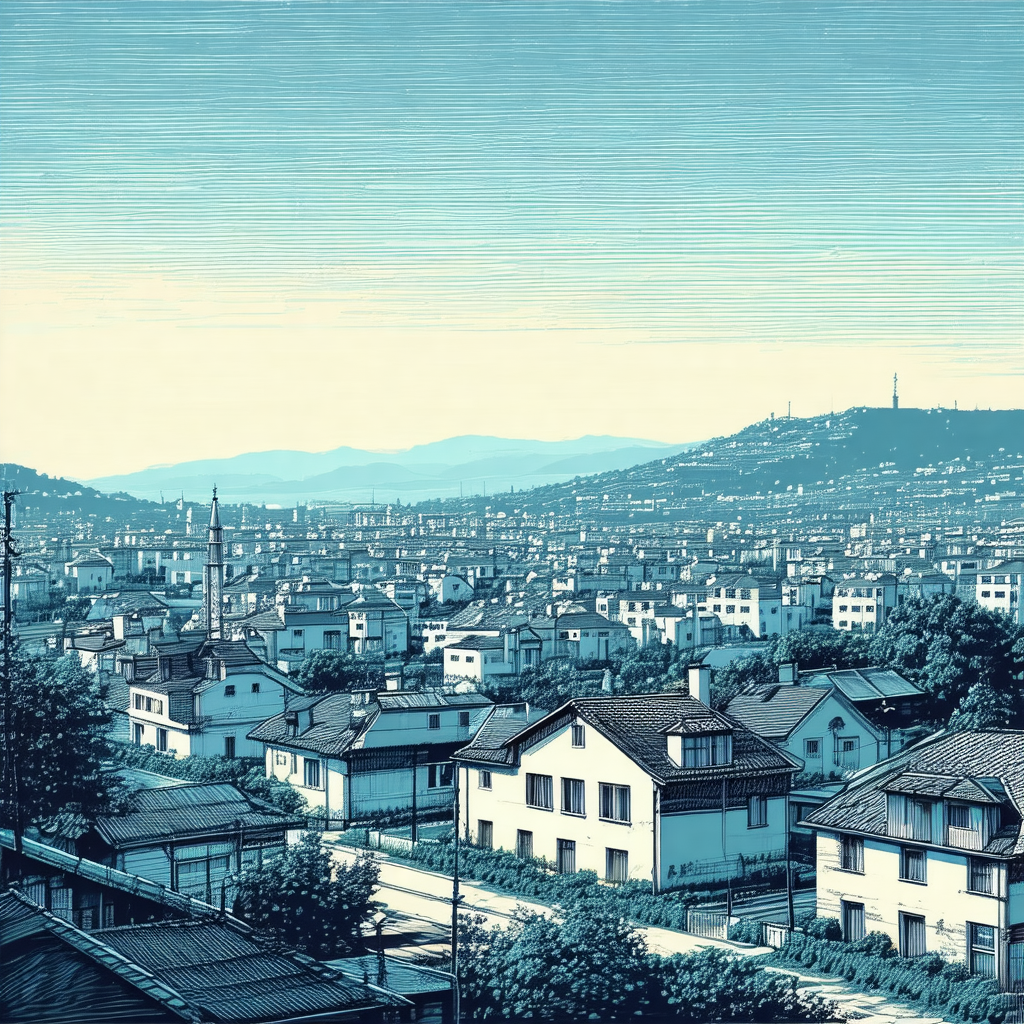 Blue and white drawing of a cityscape, featuring a large ...