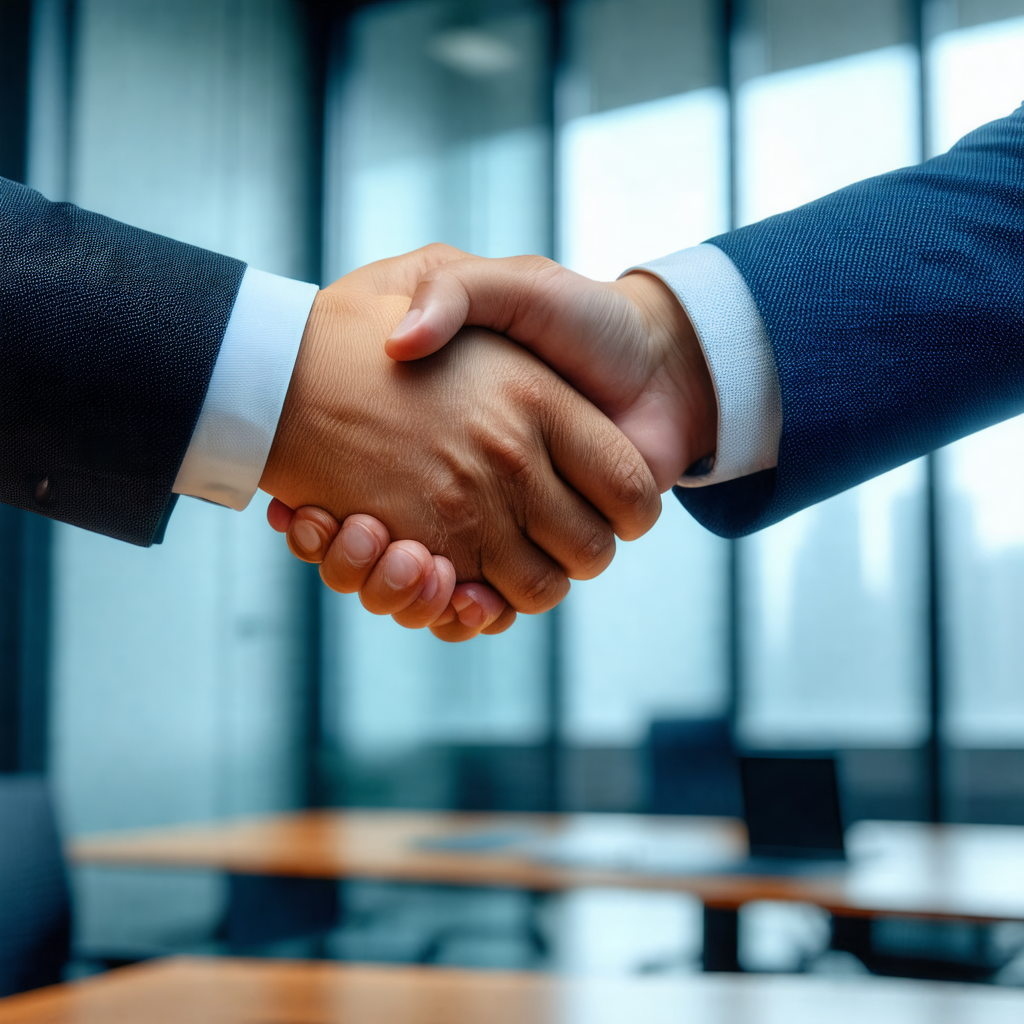 Two men shaking hands in a professional setting