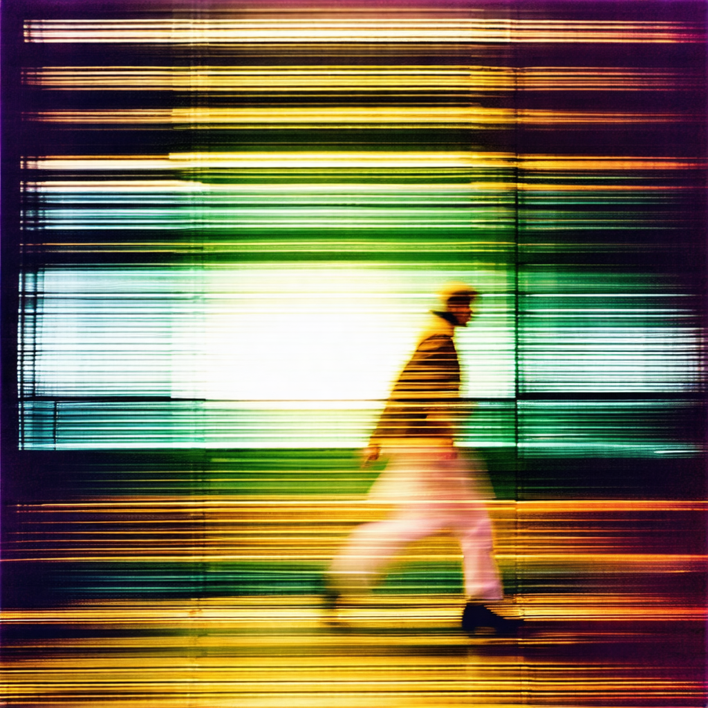 Blurry, colorful photo of a man walking down a hallway
