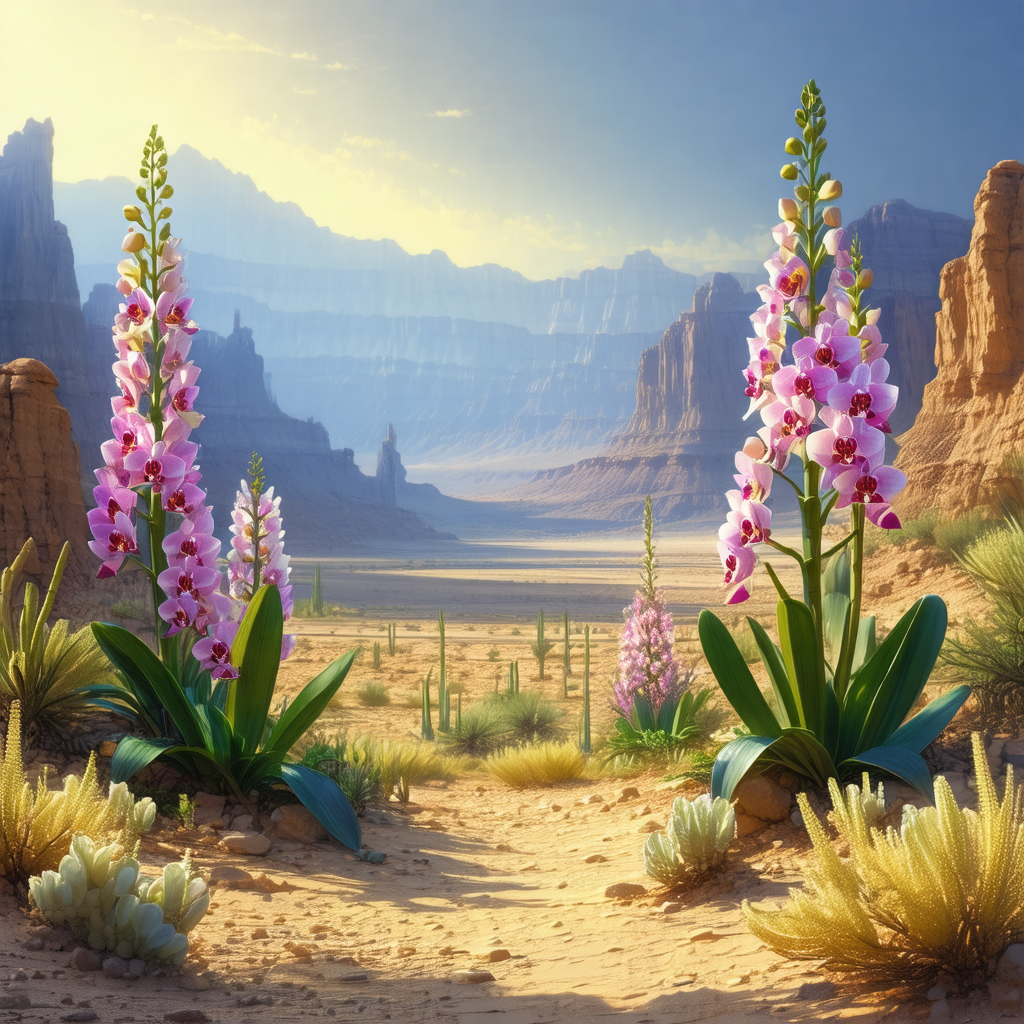 Beautiful desert landscape with two large pink flowers st...