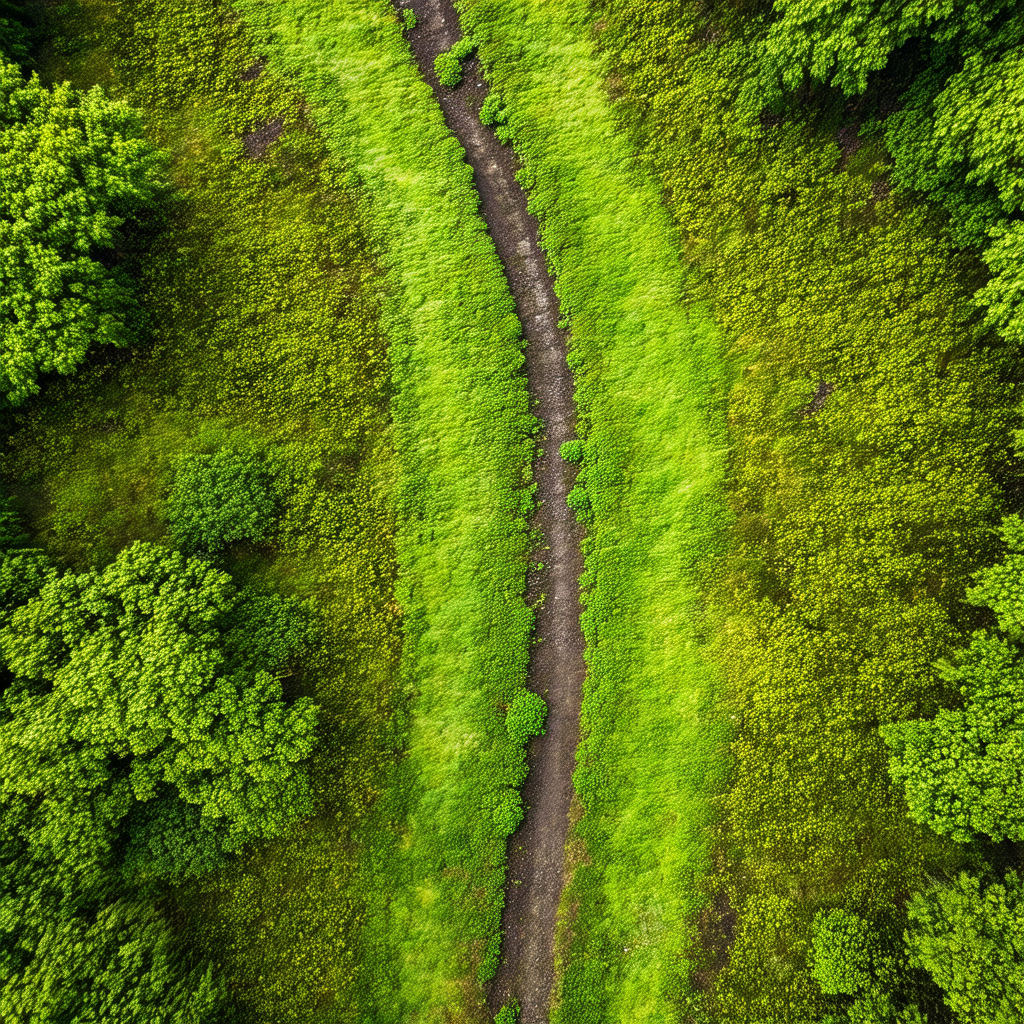 Lush green forest with a dirt road running through it