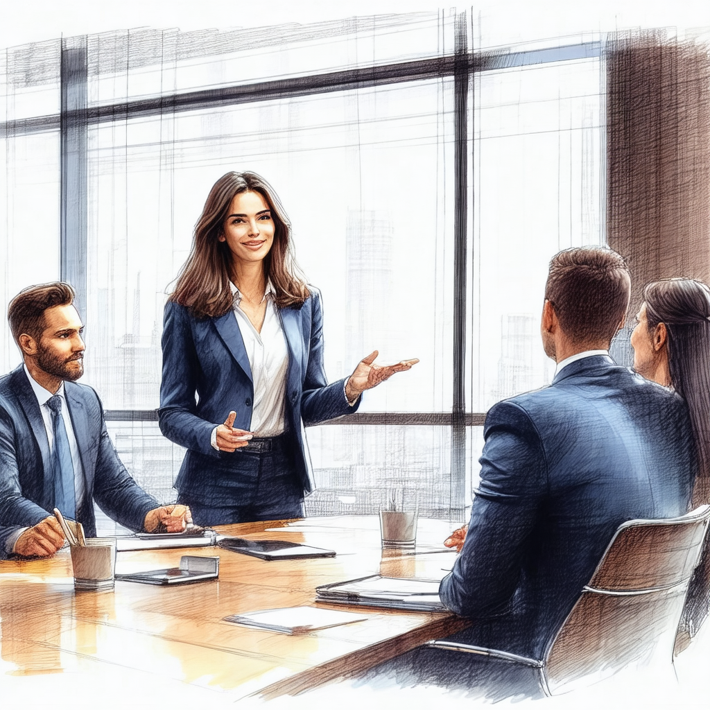 Cartoon drawing of a woman in a business suit standing in...