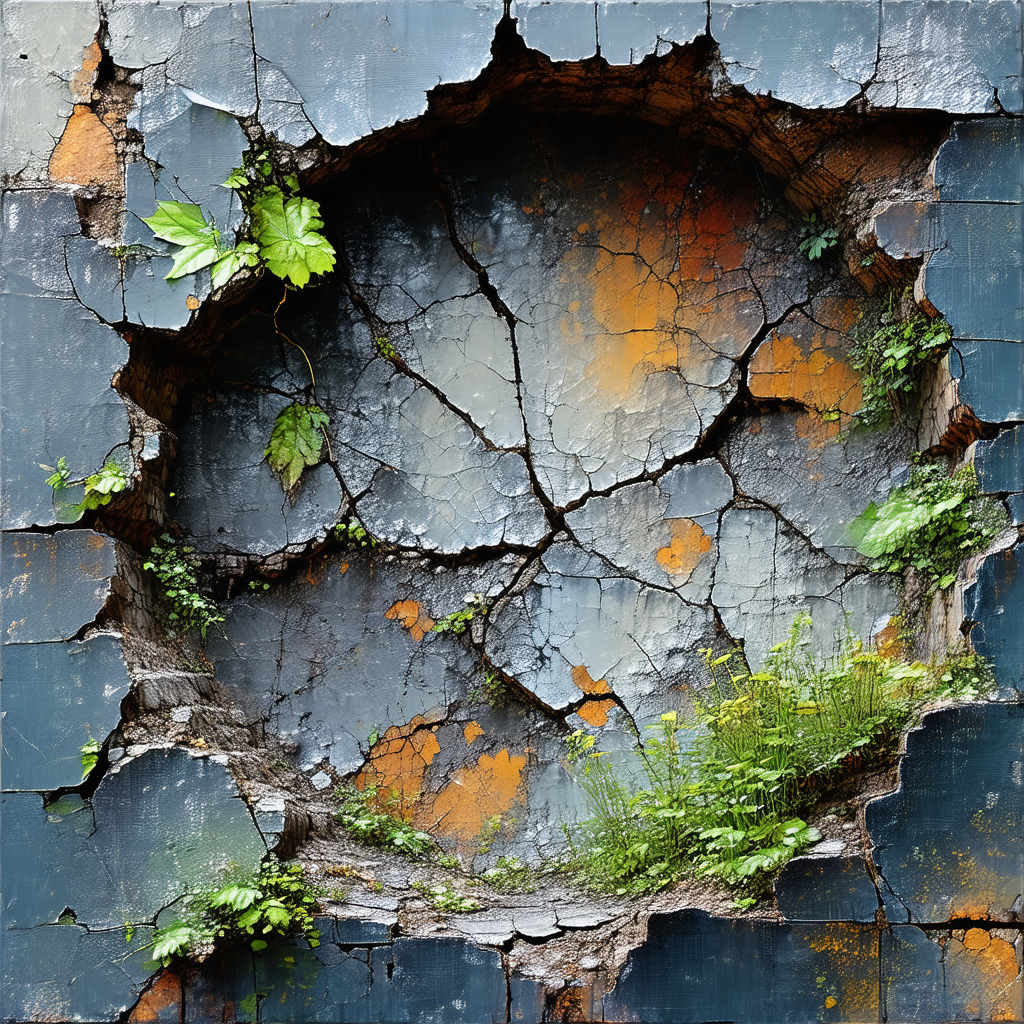 Large, cracked concrete wall with a hole in the middle