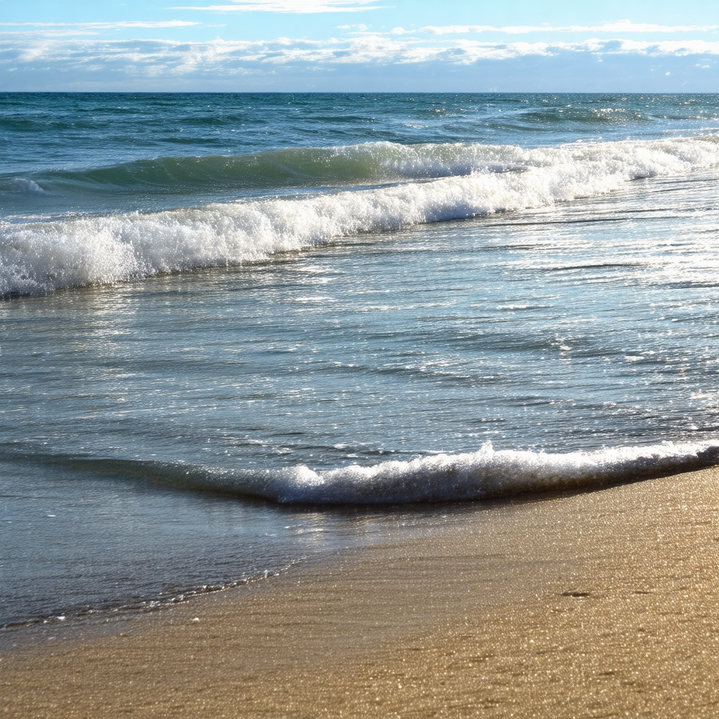 Captures a beautiful beach scene with a large body of wat...